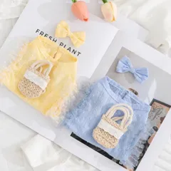 126ドッグウェア　小型犬用服　春夏服　犬の服　お出かけウェア　リボン、バッグ付き　ブルー　イエロー　可愛い服　犬服　犬用品　おしゃれ　薄手　フリル　ボタンタイプ　ペットウェア　軽量　通気性　テディ