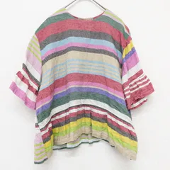 45R　フォーティーファイブアール　インドリネンツイルのマルチ縞Tシャツ　半袖トップス　ブラウス　クルーネック　ボーダー　リネン　マルチカラー　レディース　b00762のサムネイル