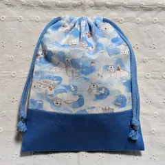 ハンドメイド、ラッコ柄の給食袋、巾着袋、コップ入れ、水色