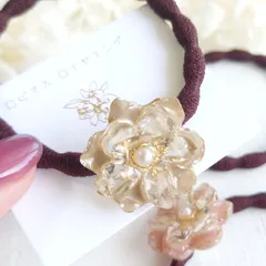 【くすみカラーお花のヘアゴム】レジンヘアゴム　レジンアクセサリー　ブラウン