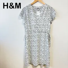 H&M 小花柄 チュニックワンピース 白黒 Vネック ウエストリボン L相当 タグ付き