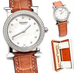 電池交換済】エルメス Hウォッチ ダイヤベゼル SS 社外新品ベルト 美品 