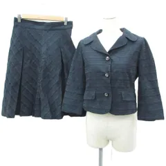 ミラショーン mila schon スーツ セットアップ 上下 42 XL 紺 オープンカラージャケット ミドル丈 七分袖 フレアスカート ミモレ丈 ボーダー柄 刺繍 510-11608 /SY8 ■GY61