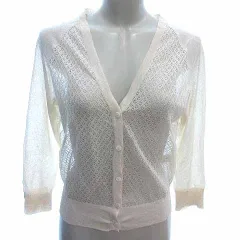 プールトレファム POUR Tres Femme カーディガン ニット Vネック シアー 長袖 L アイボリー 白 ホワイト /YK