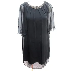 ストロベリーフィールズ STRAWBERRY-FIELDS ワンピース パーティードレス ミニ マント ビジュー ノースリーブ 黒 ブラック /AU