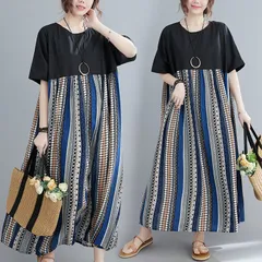 ワンピース レディース 夏 ロングワンピース 丸首 半袖 プリント ストライプ ワンピ ポケット付き フレア マキシワンピース ゆったり 体型カバー ロング丈 切り替え フレアワンピース カジュアル 部屋着 リラックス きれいめ オシャレ 大人 1542
