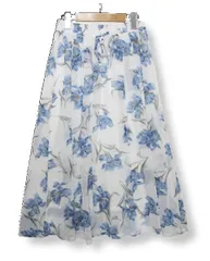 ◇【未使用】シフォン生地 花柄 ロングスカート フレアスカート ウエストゴム 透けない裏地あり 白 青 Mサイズ ■管理番号L29836SSA26-260327-10（510）