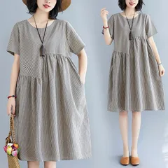 ロングワンピース レディース 夏 ワンピース 膝丈ワンピー フレア Aライン ワンピース 半袖 ゆったり 体型カバー シンプル おしゃれ きれいめ 切り替え 綿麻風 涼しげ 春夏 ストライプ 可愛い オシャレ 女性らしい 1543