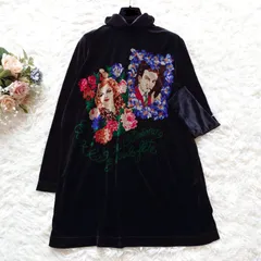 美品 トクコプルミエヴォル TOKUKO 1er VOL ベロア チュニック ワンピース ハイネック シネマ プリント 総柄 長袖 光沢 ブラック 黒