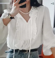 (海外配送)フリル ブラウス シャツ 2COLOR 白/ブラック