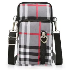 [oioiso] スマホショルダーバッグ レディース スマホショルダー スマホポーチ かわいい シンプル おしゃれ スマホポシェット 小さめ 軽量 コンパクト 防水 縦型 ショルダーポーチ (グレーxチェック) 1