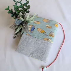 【ハンドメイド　Bookcover】ブックカバー　「猫ダンボール」 ブルー　ストライプ　しおりひも付き　母の日　プレゼント