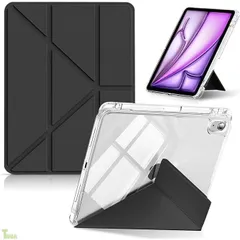 ブラック コンパチブル iPad Air 11インチ M4/M3/M2 2026/2025/2024 ケース/iPad Air 10.9インチ 第5世代/第4世代 ケース 横置＆縦置 スタンド機能 ペンシル収納 超スリム Y折り PUレザー+透明クリア 薄型