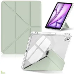 グリーン コンパチブル iPad Air 11インチ M4/M3/M2 2026/2025/2024 ケース/iPad Air 10.9インチ 第5世代/第4世代 ケース 横置＆縦置 スタンド機能 ペンシル収納 超スリム Y折り PUレザー+透明クリア 薄型