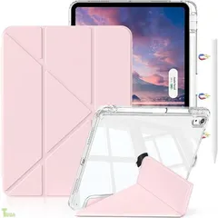 ピンク iPad Air 11インチ ケース M4/M3/M2 第8/7/6世代 (2026/2025/2024) iPad Air 第5/4世代 ケース 10.9インチ 透明 アクリル カバー ペンシルホルダー付き 三つ折り多機能 Y折りスタンド 縦置き/横