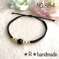 【884】ハンドメイド　ミサンガ　アンクレット　オニキス　シャンパンゴールド　黒