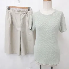 ケイビーエフ KBF アーバンリサーチ アーバンリサーチ ドアーズ URBAN RESEARCH DOORS ニット パンツ 2枚セット 半袖 丸首 クロップド丈 ワイド ストレッチ リネン 緑 ベージュ グリーン F