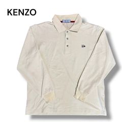 良品 90s 日本製 KENZO 刺繍ロゴ 長袖 ポロシャツ ベージュ L相当