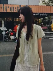 (海外配送) レイヤード風 半袖付き カーディガン