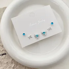セットピアス ブルーハート×リボン ミニリボン 一粒ストーン ブルー 水色 シルバーピアス 韓国アクセ y2k 地雷系 かわいい サブカル 天使界隈 ゆめかわ ガーリー プチプラアクセ まとめ売り