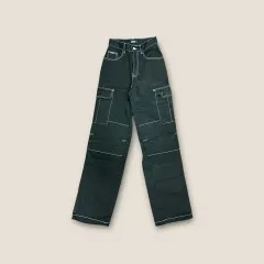 P053 ハイウエスト ポケット デザインテープ ブラック カーゴ パンツ