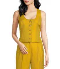 エーラブズエー レディース アウター ベスト ノースリーブ クロップド A Loves A Woven Scoop Neck Embellished Button Front Sleeveless Cropped Coordinating Vest Citro