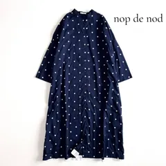 nop de nod ノップドゥノッド ドット刺繍 ロングワンピース ネイビー系 水玉 バンドカラー 前開き 羽織り コットン 綿100% ゆったり Mのサムネイル