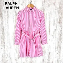 POLO RALPH LAUREN ポロラルフローレン ポニー ロゴ刺繍 ストライプ 総柄 長袖 シャツワンピース ピンク キッズ 140cm