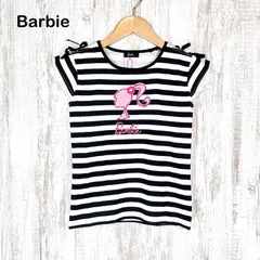新品未使用 Barbie バービー スパンコール ロゴ ボーダー 総柄 肩リボン レース Tシャツ ブラック キッズ 半袖 トップス 140cm