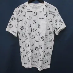 ピーナッツ PEANUTS 半袖 Tシャツ L 白系 ホワイト スヌーピー 総柄 プリント 胸ポケット 透け感