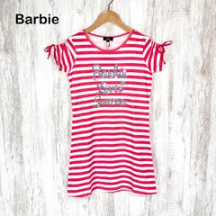 新品未使用 Barbie バービー スパンコール ロゴ ボーダー 総柄 肩リボン 半袖 ワンピース ピンク キッズ 150cmのサムネイル