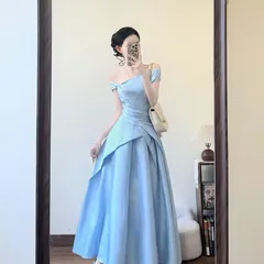 送料無料 パーティードレス ロングドレス オフショルダー Vネック アシンメトリー アイボリー スカイブルー ピンク 成人式 結婚式 二次会 披露宴 ゲスト ウエストマーク Aライン 上品 華やか エレガント おしゃれ