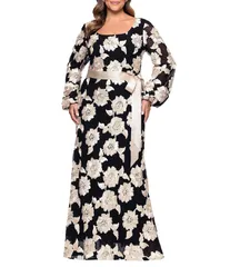 ベッツィアンドアダム レディース トップス ワンピース フラワー柄 プラスサイズ プリント フラワー Betsy Adam Plus Size Soutache Floral Print Long Sleeve Ribbon Belt Gown BlackCh