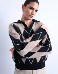 トップショップ レディース アウター ニット・セーター ポロシャツ Topshop knit argyle polo shirt ineutral BEIGE ベージュ