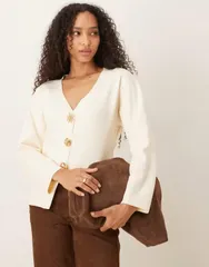 マンゴ レディース アウター カーディガン ニット Mango compact knit cardigan with statement goldtone buttons BEIGE ベージュのサムネイル