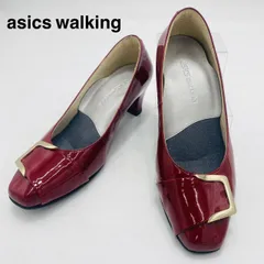 美品　asics　walking　アシックスウォーキング　パンプス　スクエアトゥ　ベルト　バックル　太ヒール　22.5cmEE　ボルドー