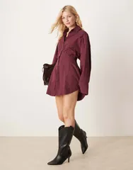 エイソス レディース トップス ワンピース シャツワンピース ウエストマーク ミニ シャツ ASOS DESIGN poplin cinched waist mini shirt dress Plum プラム