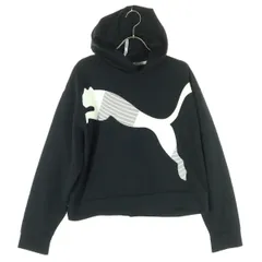 美品 PUMA プーマ ロゴプリント 長袖 ショート丈 スウェットパーカー L ブラック レディース 古着