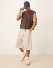 エイソス メンズ ボトムス ハーフパンツ・ショーツ ショートパンツ ASOS DESIGN oversized bermuda shorts with belt BEIGE ベージュ