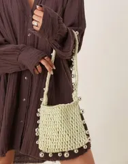 エイソス レディース バッグ ASOS DESIGN crochet bag with beaded strap in sage セージ