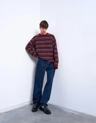 トップマン メンズ アウター ニット・セーター リラックスフィット セーター ニット Topman relaxed fit fluffy knit striped sweater Burgundy バのサムネイル