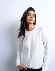 トップショップ レディース アウター カーディガン リブニット クルーネック ニット Topshop rib knit button crew neck cardigan Snow ホワイトのサムネイル