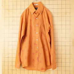 70s 80s USA Sears ライトフランネル総柄ボタンダウンシャツ オレンジ メンズM 長袖 アメリカ古着　031926ss55