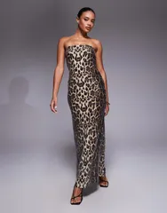レア レディース トップス ワンピース プリント スパンコール マキシ Rare London sequin bandeau maxi dress in leopard print Multi マルチカラー