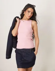 エイソス レディース トップス タンクトップ リブ ニット ASOS DESIGN knit slash neck ribbed cami top pink ピンクのサムネイル