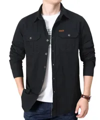 [Lunenon Soleil] メンズ 長袖 ワークシャツ 大きいサイズ 綿100% ゆったり 無地 薄手 春秋 アウター シャツジャケット カジュアル M〜3XL対応 (JP, アルファベット, 3XL, ブラック) [ブラック] [3XL]