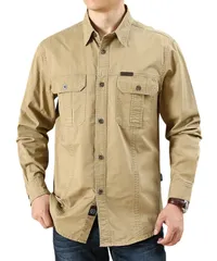 [Lunenon Soleil] メンズ 長袖 ワークシャツ 大きいサイズ 綿100% ゆったり 無地 薄手 春秋 アウター シャツジャケット カジュアル M〜3XL対応 (JP, アルファベット, 3XL, カーキ) [カーキ] [3XL]