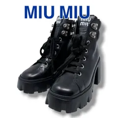 ミュウミュウ MIUMIU 39 ショートブーツ ヒールブーツ アンクルブーツ コンバットブーツ レザー レディース ブラック 黒 レザー レースアップ 26cm ブランド レディース 女性用 美品