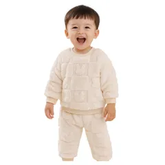 [Kai La Nalu] キッズ ふわもこ セット 上下 ジュニア スウェット パンツ 子供 服 男の子 女の子 シンプル 上下セット ベビー服 子ども服 もこもこ セットアップ 子供服 部屋着 冬 防寒 保育園 公園 出産祝い  [オフホワイト] [90]