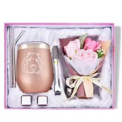 猫 タンブラー ギフトセット 350ml 蓋付き 真空断熱 保温保冷 【ローズソープフラワー 猫柄メッセージカード ステンレス氷 エコストロー付き】 猫好き プレゼント 女性 誕生日 母の日 敬老の日 退職祝い 引越し内祝い ホワイトデー クリスマス 送別ma